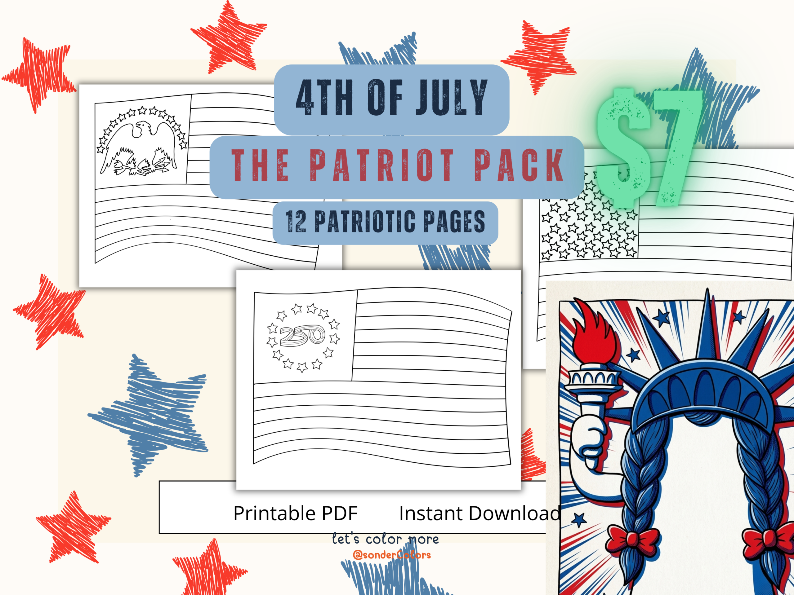 1 Patriotic collage advertising a 4th of July coloring pack: 12 printable pages.